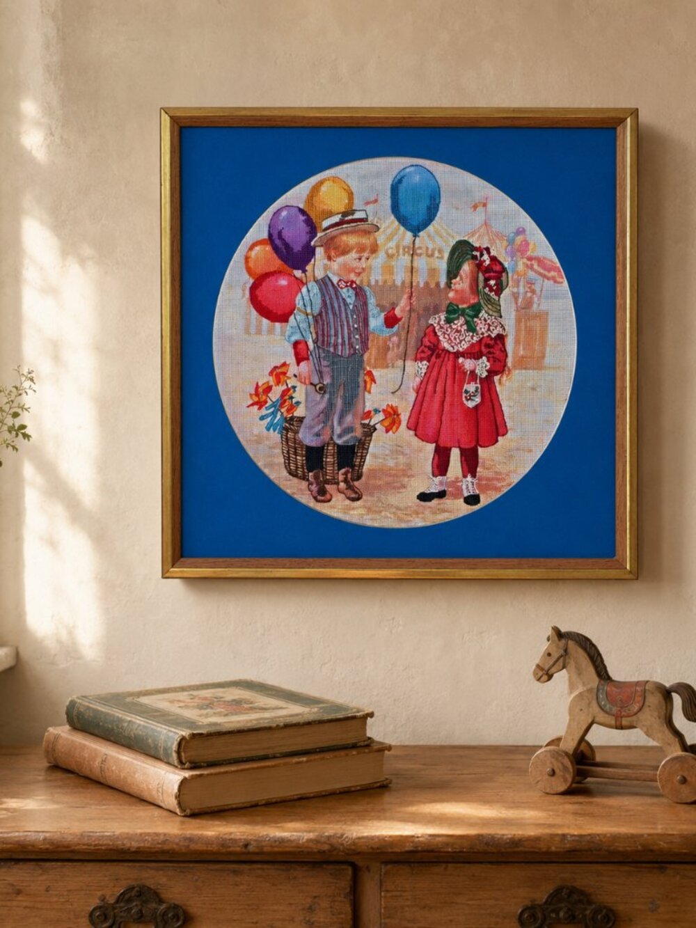 Vintage 1988 Finished Cross Stitch Circus Balloons Framed Handmade Wall Art
